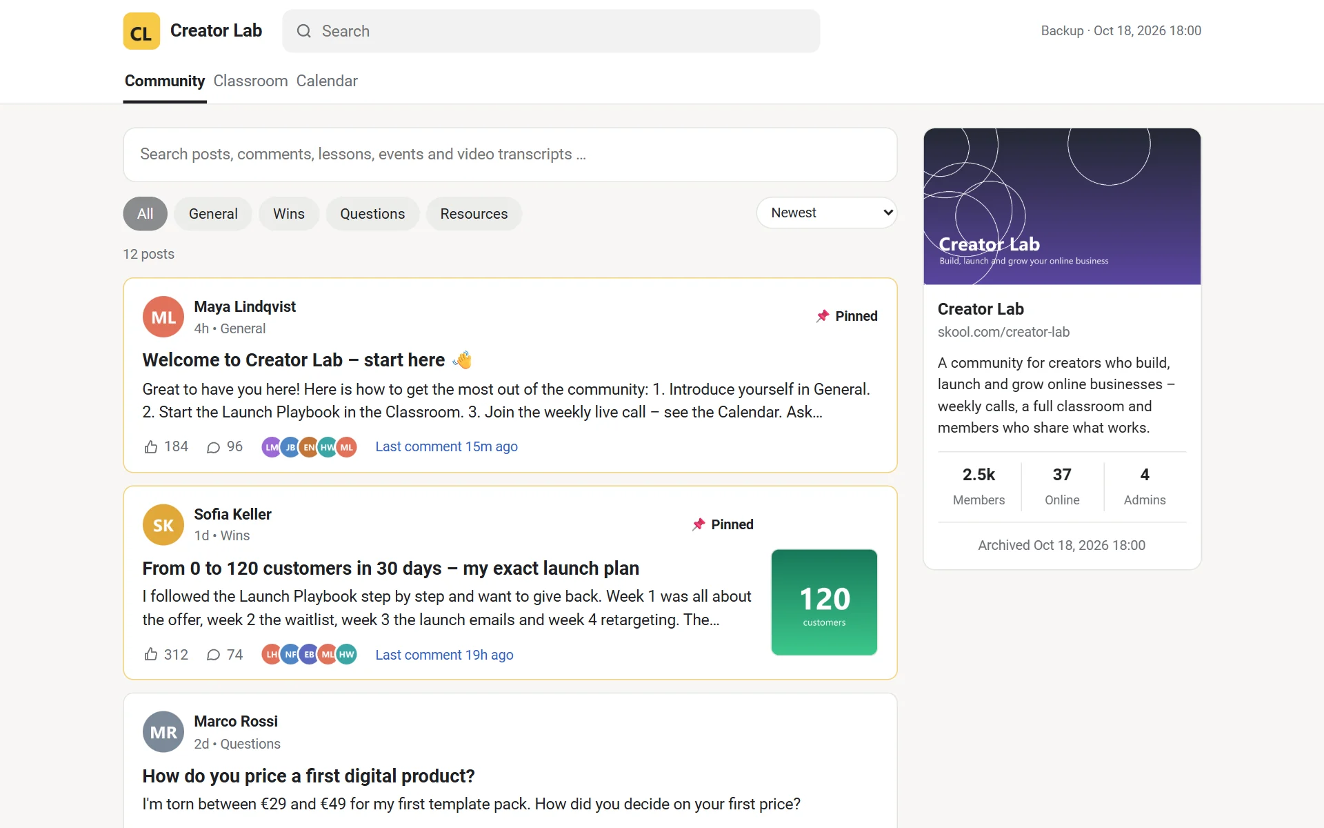 The Skool Backup archive: a community feed that looks like Skool
